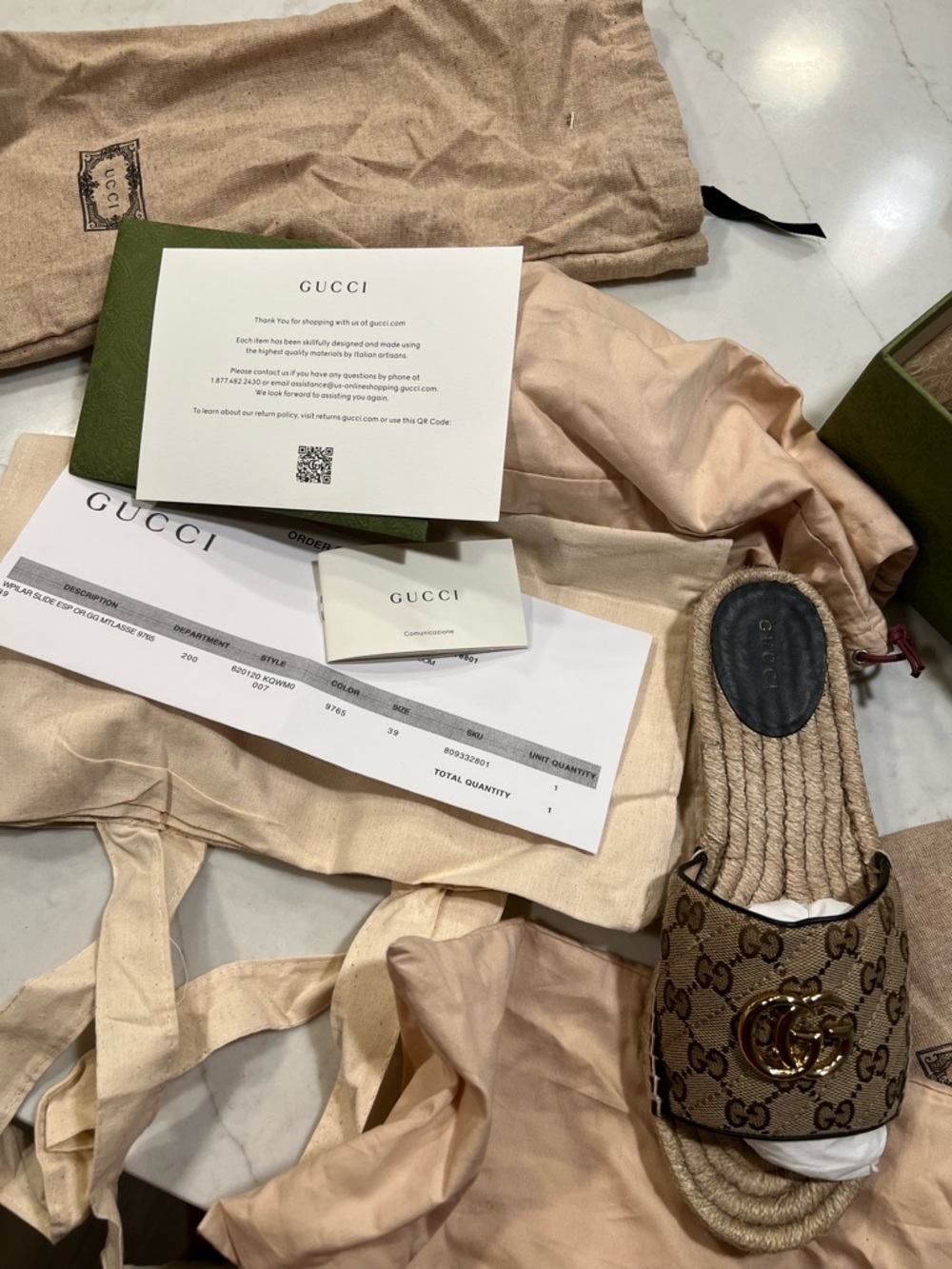 Gucci Brown/Beige GG Canvas Espadrille Slides with Gold Double G - Picture 9 of 16